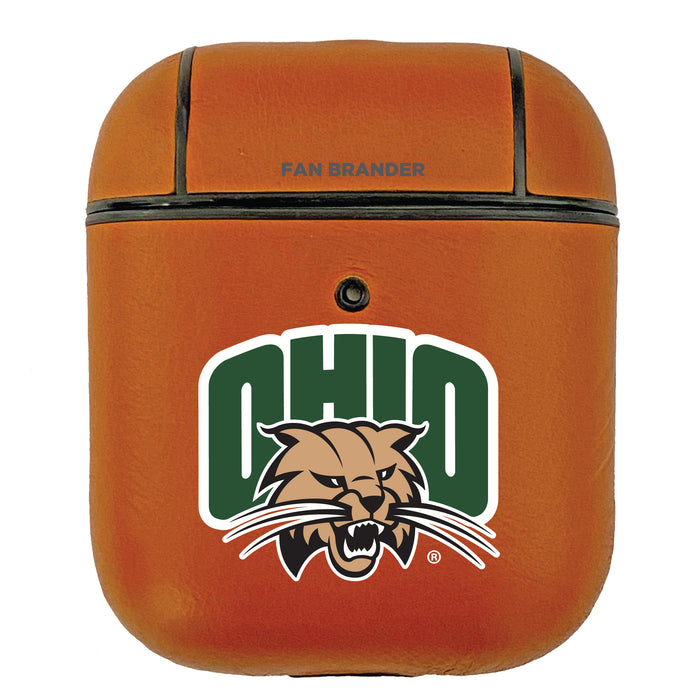 Fan Brander Tan Leatherette Apple AirPod case with Ohio University Bobcats Primary Logo
