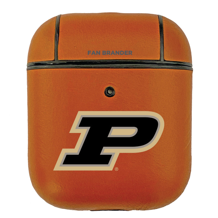 Fan Brander Tan Leatherette Apple AirPod case with Purdue Boilermakers Primary Logo