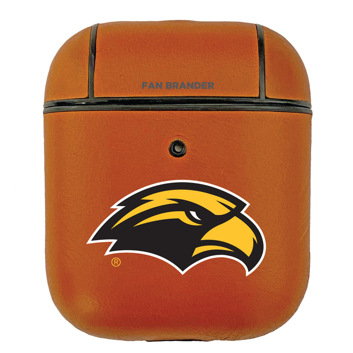 Fan Brander Tan Leatherette Apple AirPod case with Southern Mississippi Golden Eagles Primary Logo