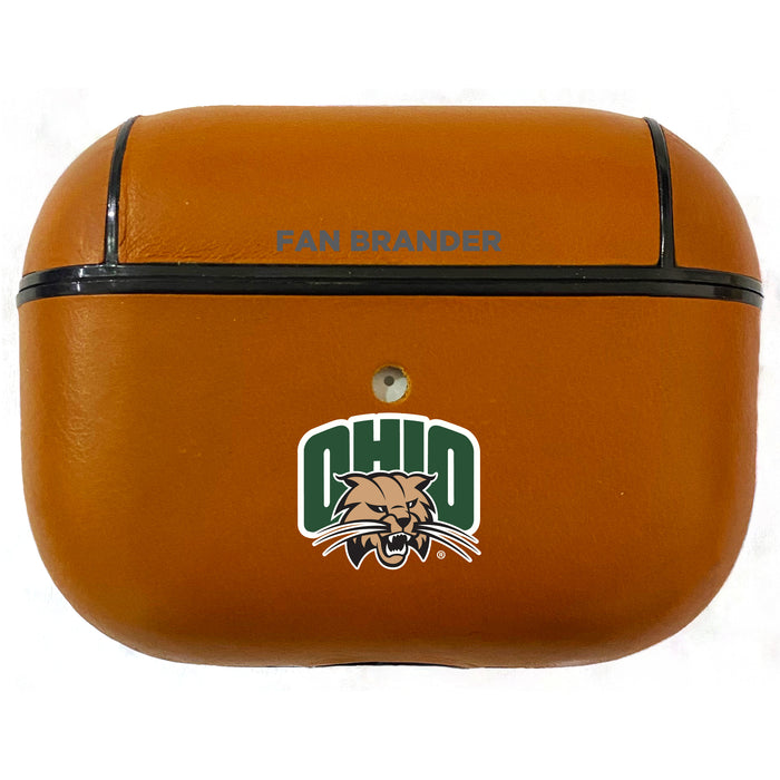 Fan Brander Tan Leatherette Apple AirPod case with Ohio University Bobcats Primary Logo