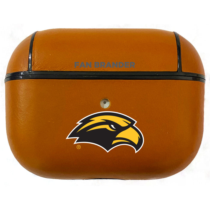 Fan Brander Tan Leatherette Apple AirPod case with Southern Mississippi Golden Eagles Primary Logo