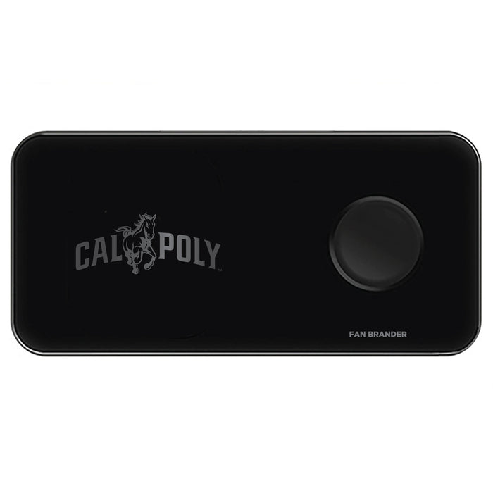 Fan Brander 3 in 1 Glass Wireless Charger with Cal Poly Mustangs laser etched Primary Logo