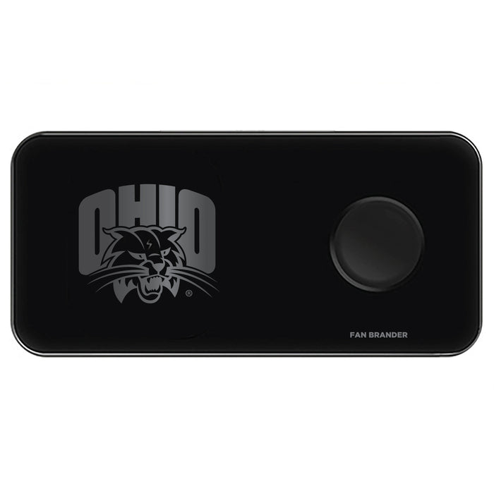 Fan Brander 3 in 1 Glass Wireless Charger with Ohio University Bobcats laser etched Primary Logo