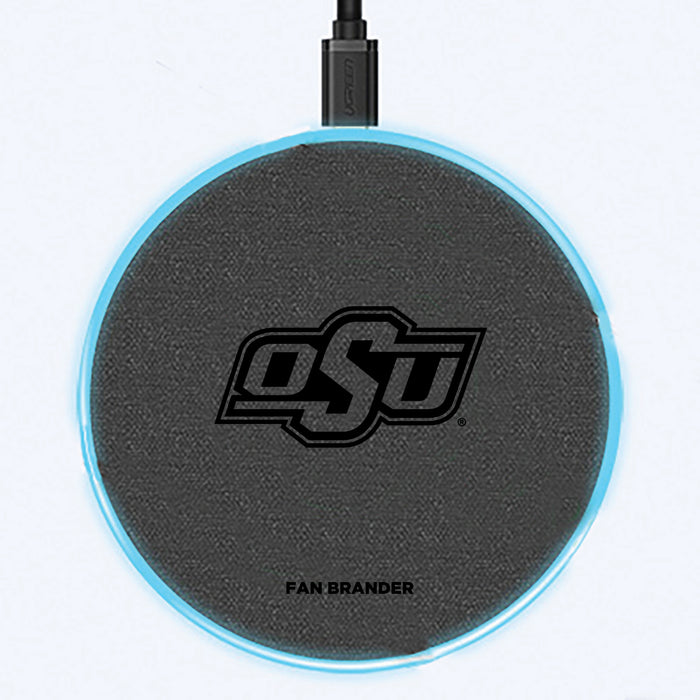 Fan Brander Grey 15W Wireless Charger with Oklahoma State Cowboys laser etched Primary Logo