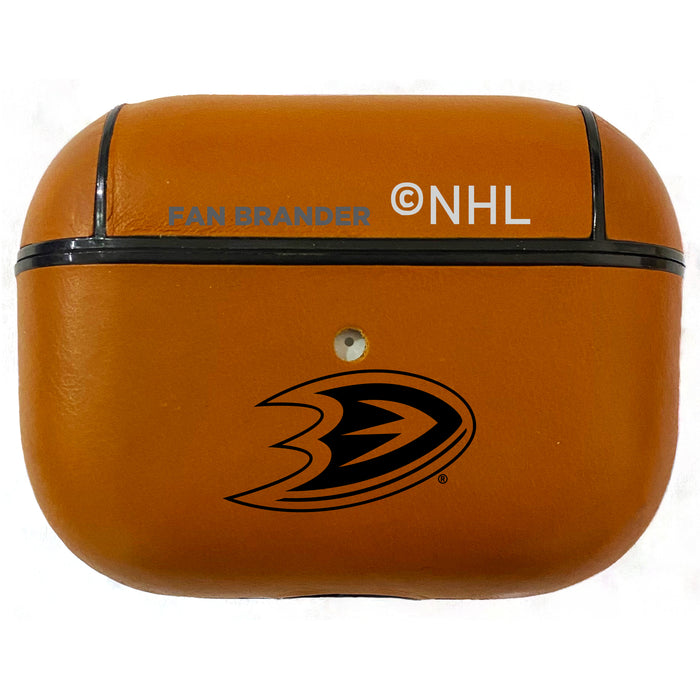 Fan Brander Tan Leatherette Apple AirPod Pro case with Anaheim Ducks Black Primary Logo