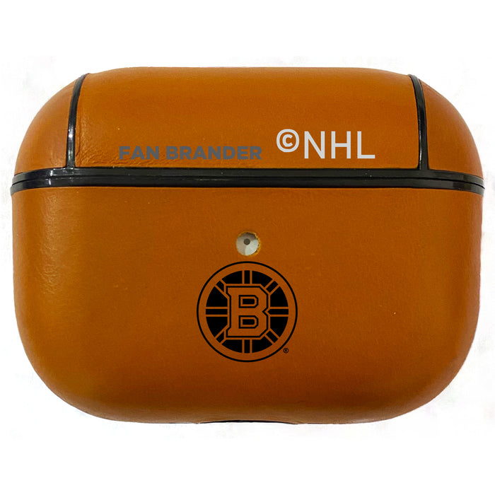 Fan Brander Tan Leatherette Apple AirPod Pro case with Boston Bruins Black Primary Logo