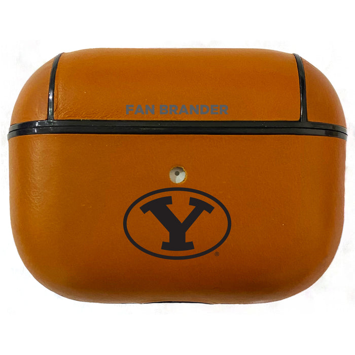 Fan Brander Tan Leatherette Apple AirPod Pro case with Brigham Young Cougars Black Primary Logo