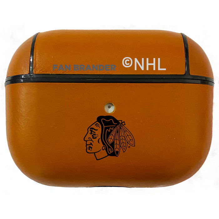 Fan Brander Tan Leatherette Apple AirPod Pro case with Chicago Blackhawks Black Primary Logo