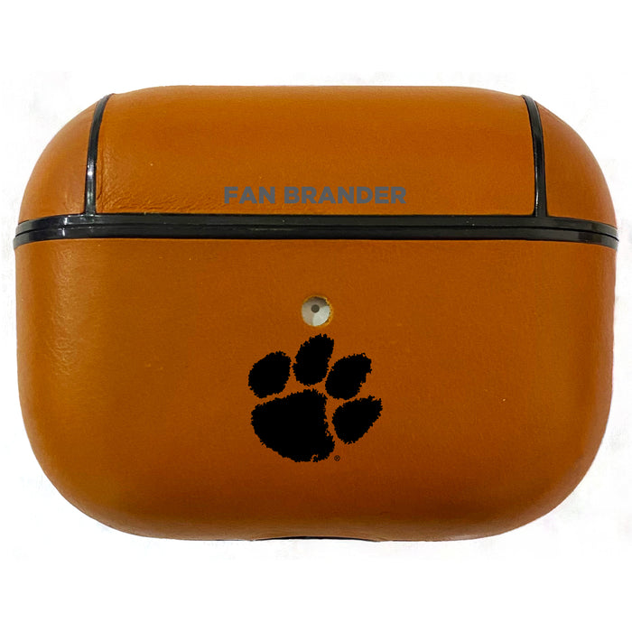 Fan Brander Tan Leatherette Apple AirPod Pro case with Clemson Tigers Black Primary Logo