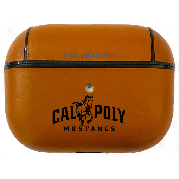 Fan Brander Tan Leatherette Apple AirPod Pro case with Cal Poly Mustangs Black Primary Logo