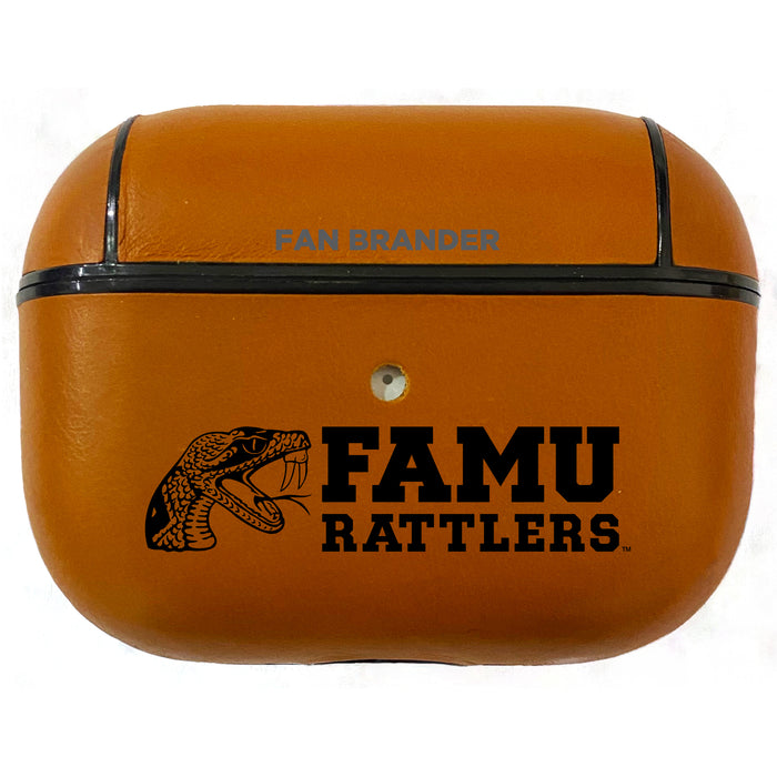 Fan Brander Tan Leatherette Apple AirPod Pro case with Florida A&M Rattlers Black Primary Logo