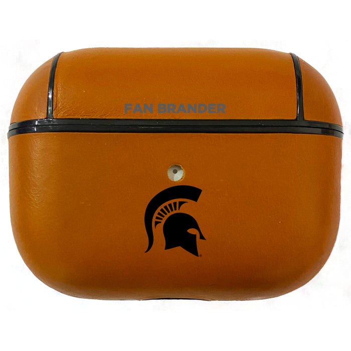 Fan Brander Tan Leatherette Apple AirPod Pro case with Michigan State Spartans Black Primary Logo