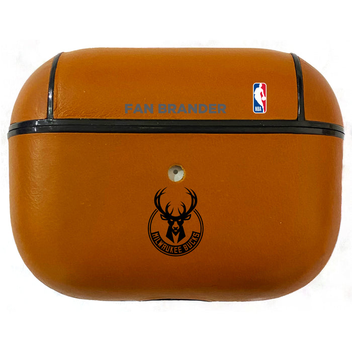 Fan Brander Tan Leatherette Apple AirPod Pro case with Milwaukee Bucks Black Primary Logo