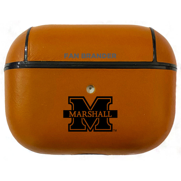 Fan Brander Tan Leatherette Apple AirPod Pro case with Marshall Thundering Herd Black Primary Logo