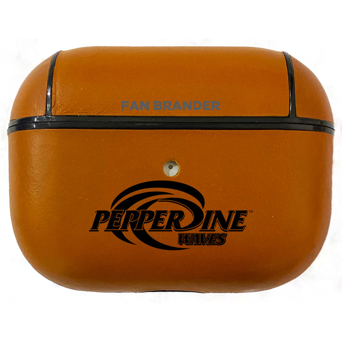 Fan Brander Tan Leatherette Apple AirPod Pro case with Pepperdine Waves Black Primary Logo