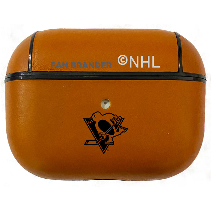 Fan Brander Tan Leatherette Apple AirPod Pro case with Pittsburgh Penguins Black Primary Logo