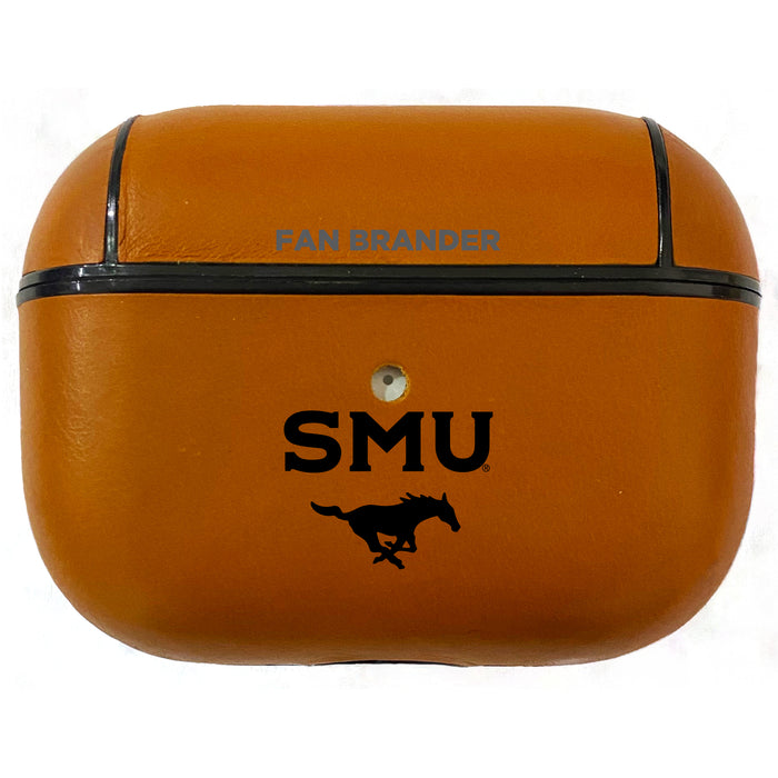 Fan Brander Tan Leatherette Apple AirPod Pro case with SMU Mustangs Black Primary Logo