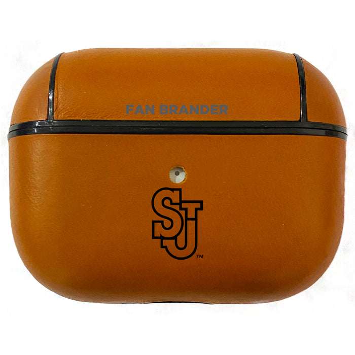 Fan Brander Tan Leatherette Apple AirPod Pro case with St. John's Red Storm Black Primary Logo