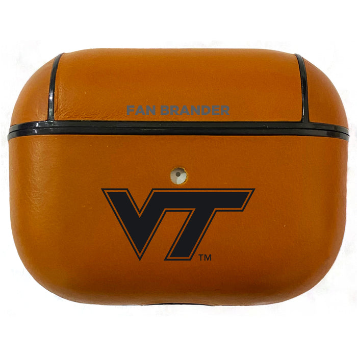 Fan Brander Tan Leatherette Apple AirPod Pro case with Virginia Tech Hokies Black Primary Logo