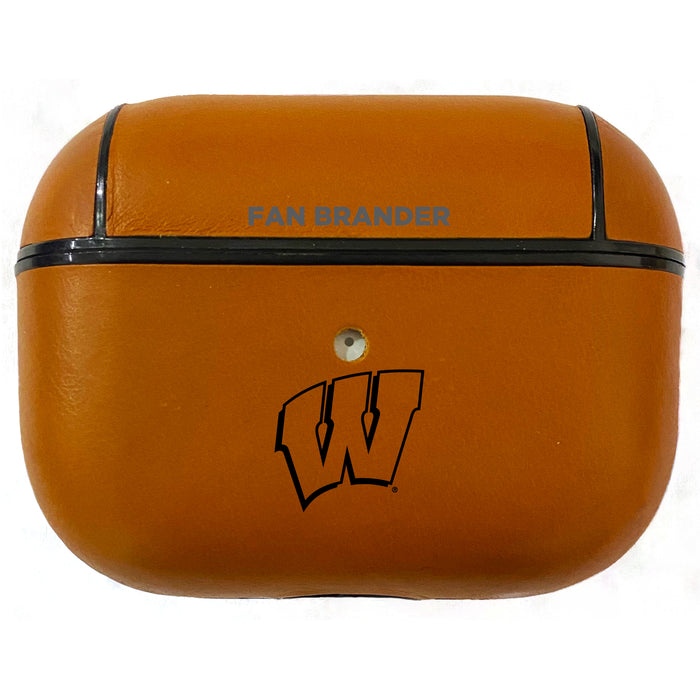 Fan Brander Tan Leatherette Apple AirPod Pro case with Wisconsin Badgers Black Primary Logo