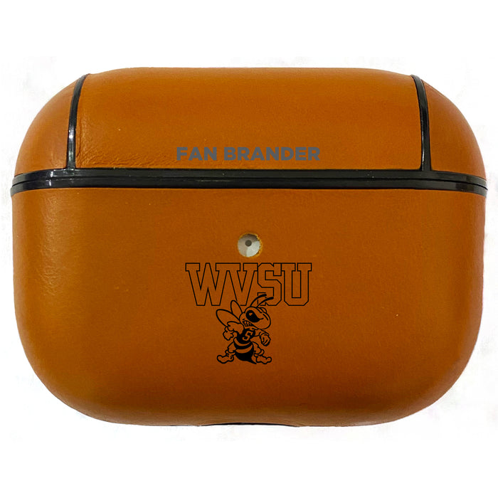 Fan Brander Tan Leatherette Apple AirPod Pro case with West Virginia State Univ Yellow Jackets Black Primary Logo