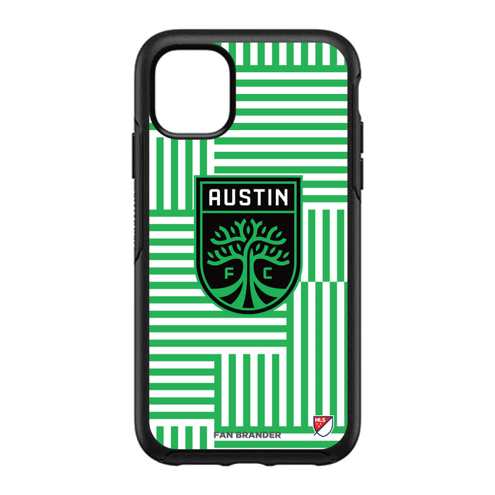 OtterBox Black Phone case with Austin FC Primary Logo on Geometric Lines Background