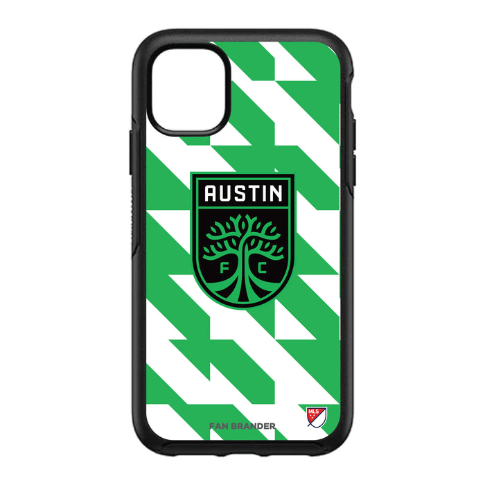 OtterBox Black Phone case with Austin FC Primary Logo on Geometric Quad Background