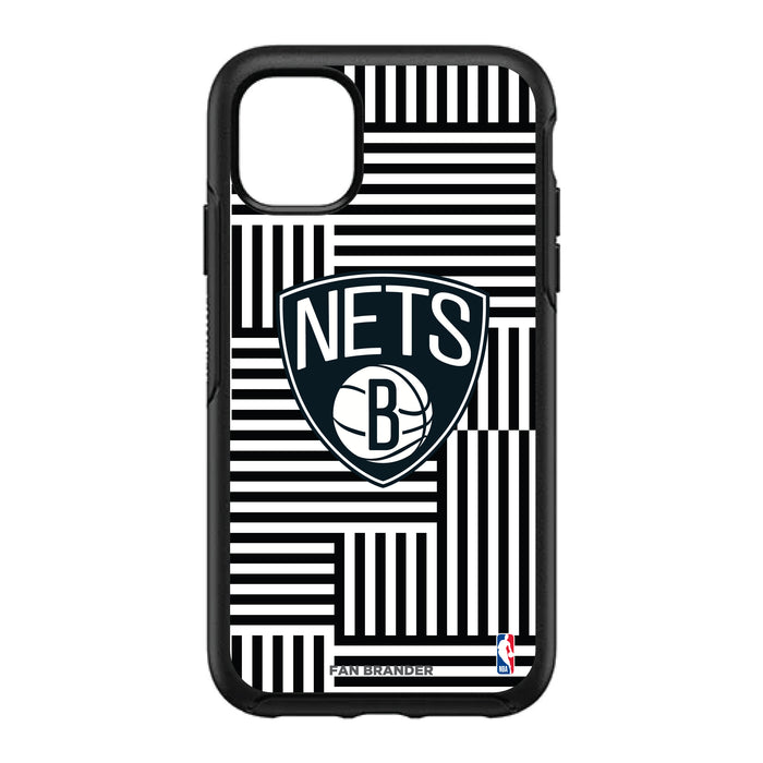 OtterBox Black Phone case with Brooklyn Nets Primary Logo on Geometric Lines Background