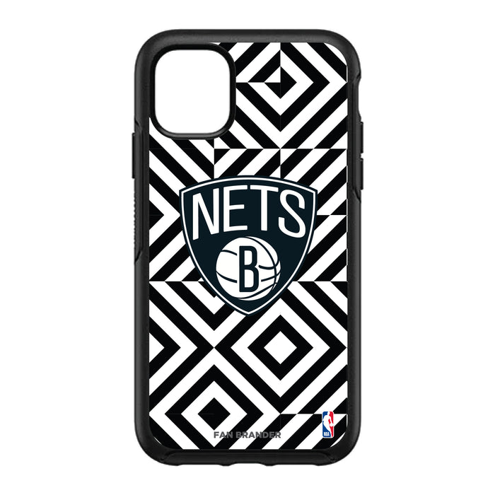OtterBox Black Phone case with Brooklyn Nets Primary Logo on Geometric Diamonds Background