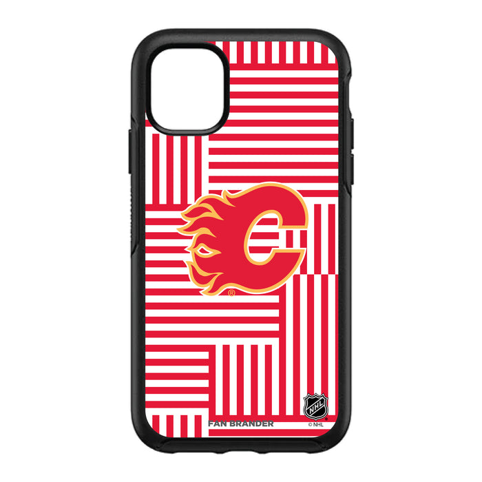 OtterBox Black Phone case with Calgary Flames Primary Logo on Geometric Lines Background