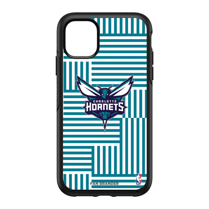 OtterBox Black Phone case with Charlotte Hornets Primary Logo on Geometric Lines Background