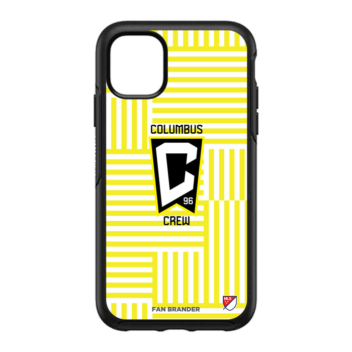 OtterBox Black Phone case with Columbus Crew SC Primary Logo on Geometric Lines Background