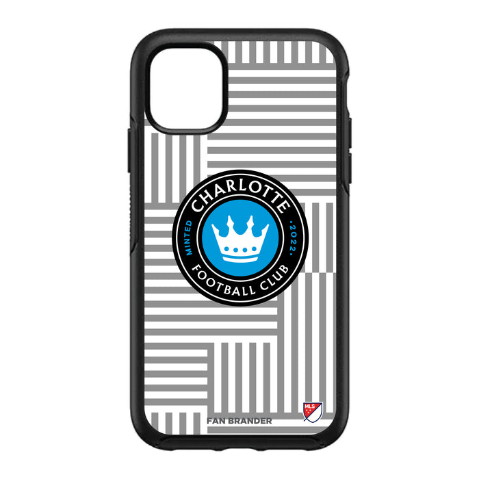 OtterBox Black Phone case with Charlotte FC Primary Logo on Geometric Lines Background
