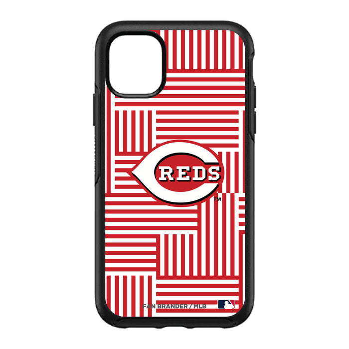 OtterBox Black Phone case with Cincinnati Reds Primary Logo on Geometric Lines Background