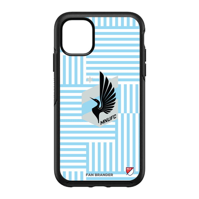 OtterBox Black Phone case with Minnesota United FC Primary Logo on Geometric Lines Background