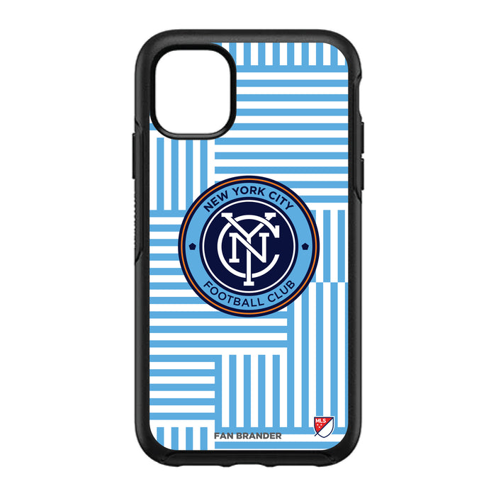 OtterBox Black Phone case with New York City FC Primary Logo on Geometric Lines Background
