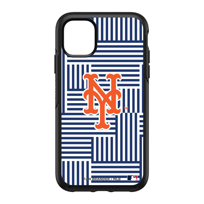 OtterBox Black Phone case with New York Mets Primary Logo on Geometric Lines Background