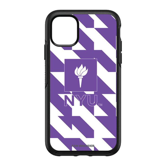 OtterBox Black Phone case with NYU Primary Logo on Geometric Quad Background