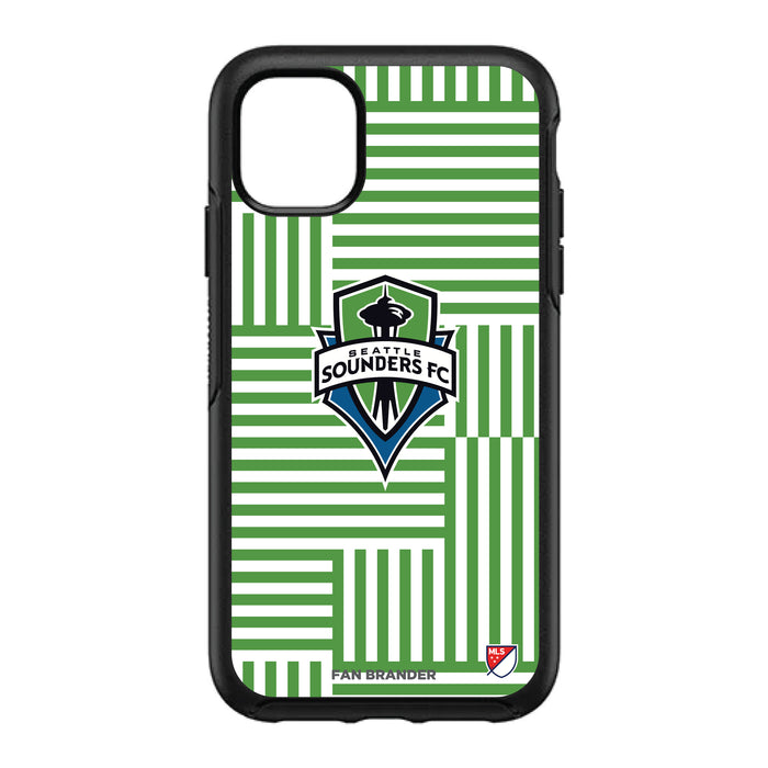 OtterBox Black Phone case with Seatle Sounders Primary Logo on Geometric Lines Background