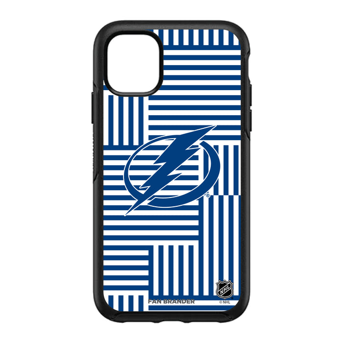 OtterBox Black Phone case with Tampa Bay Lightning Primary Logo on Geometric Lines Background