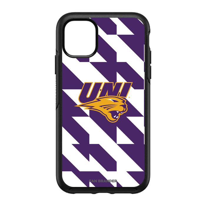 OtterBox Black Phone case with Northern Iowa Panthers Primary Logo on Geometric Quad Background