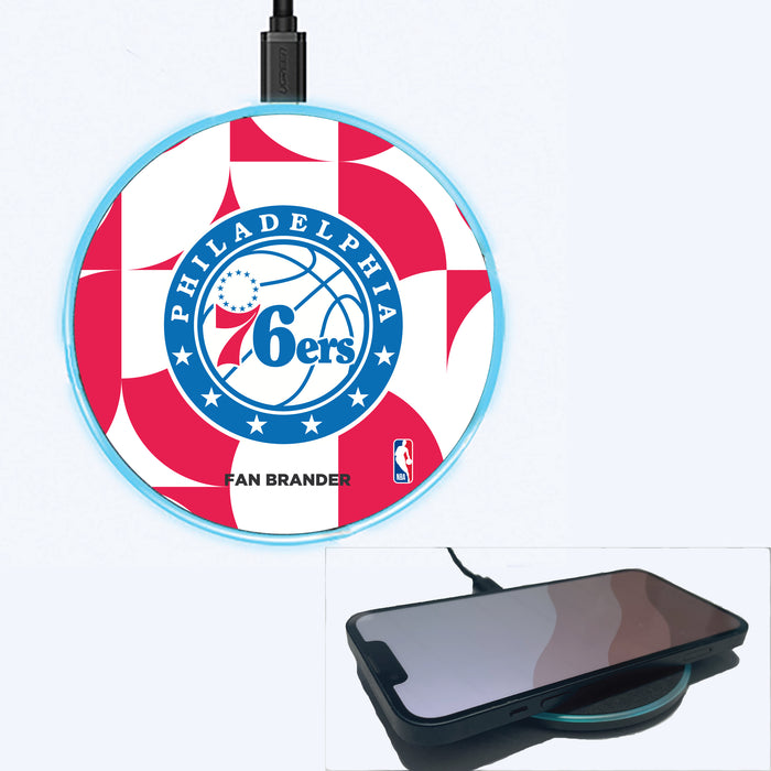 Fan Brander Grey 15W Wireless Charger with Philadelphia 76ers Primary Logo on Geometric Circle Background