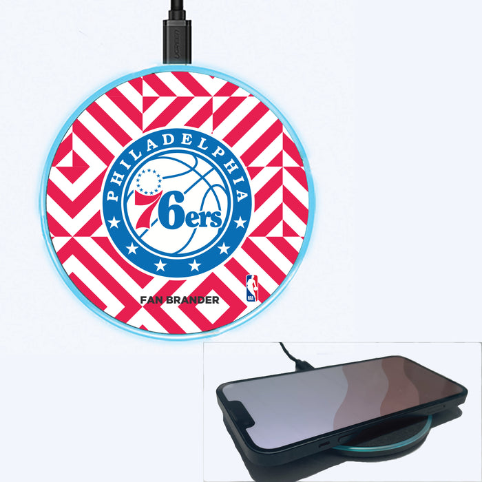 Fan Brander Grey 15W Wireless Charger with Philadelphia 76ers Primary Logo on Geometric Diamonds Background