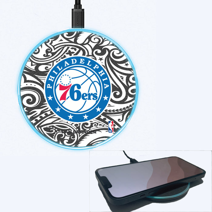 Fan Brander Grey 15W Wireless Charger with Philadelphia 76ers Primary Logo With Black Tribal