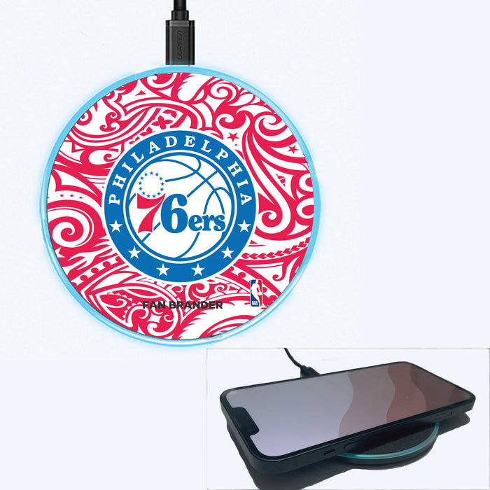 Fan Brander Grey 15W Wireless Charger with Philadelphia 76ers Primary Logo With Team Color Tribal Background