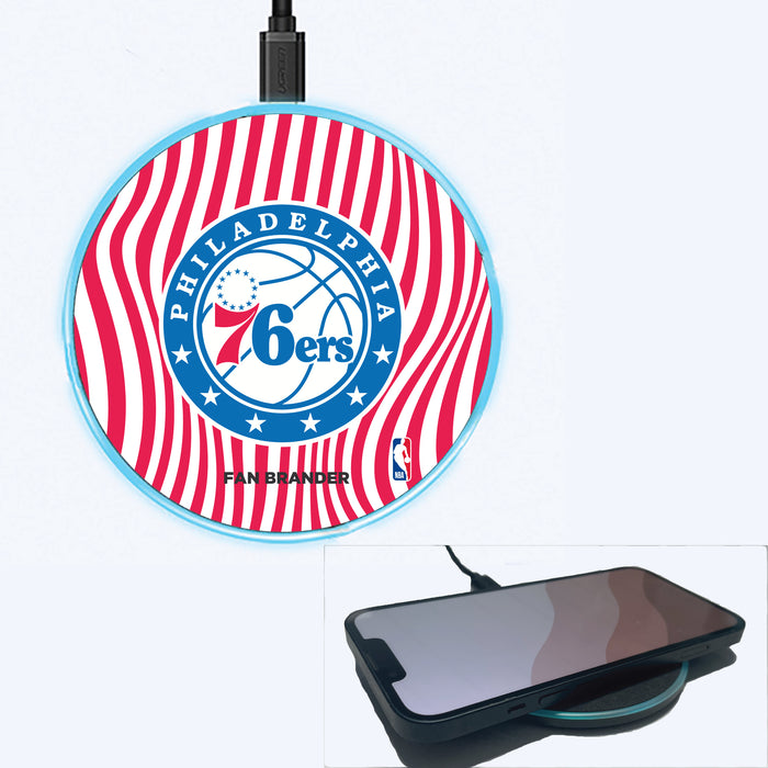 Fan Brander Grey 15W Wireless Charger with Philadelphia 76ers Primary Logo With Team Groovey Lines