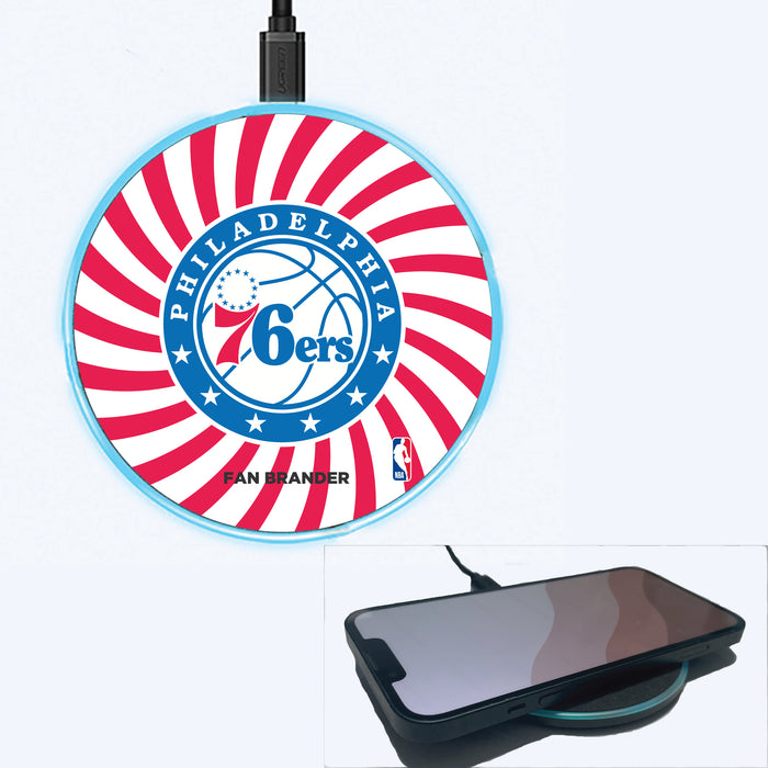 Fan Brander Grey 15W Wireless Charger with Philadelphia 76ers Primary Logo With Team Groovey Burst