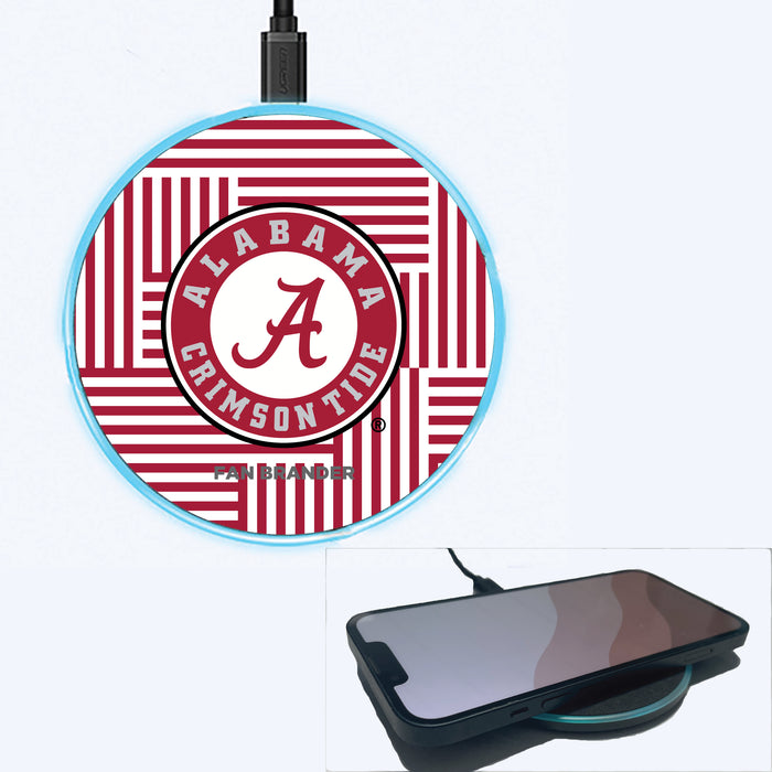 Fan Brander Grey 15W Wireless Charger with Alabama Crimson Tide Primary Logo on Geometric Lines Background