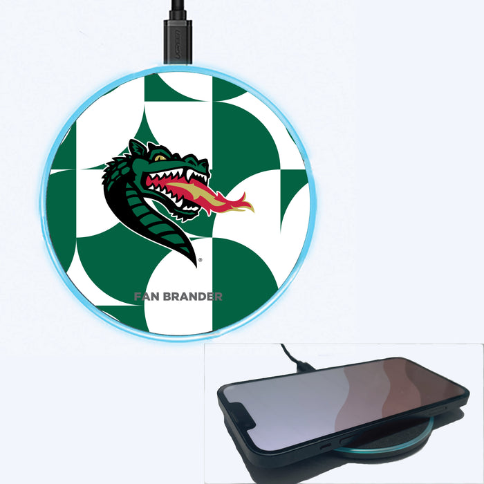 Fan Brander Grey 15W Wireless Charger with UAB Blazers Primary Logo on Geometric Circle Background
