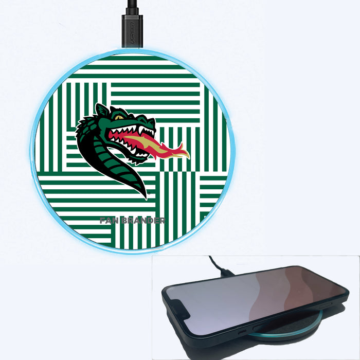 Fan Brander Grey 15W Wireless Charger with UAB Blazers Primary Logo on Geometric Lines Background